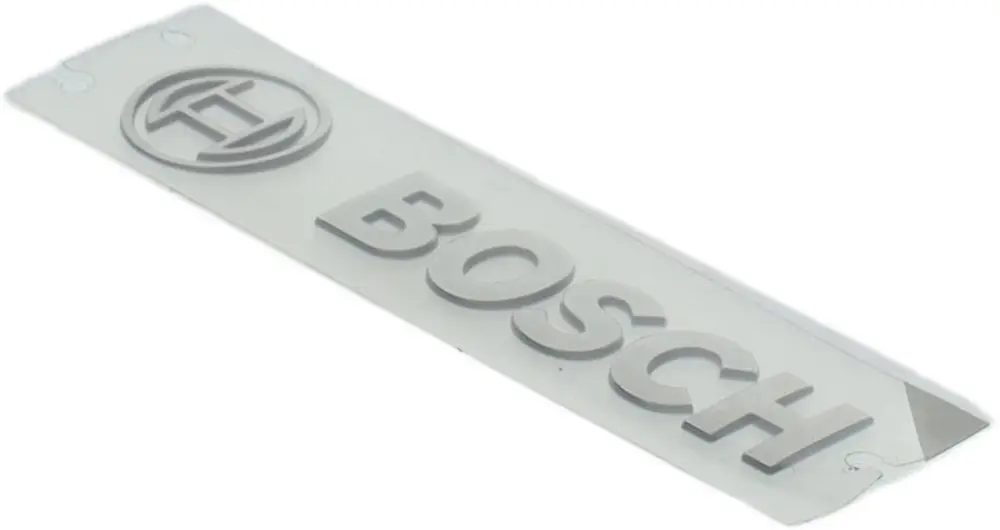 Transparente Plakette mit dem Bosch-Logo und dem Schriftzug "BOSCH" in reliefartigen Buchstaben.